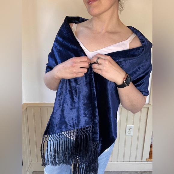 YSL Yves Saint Laurent Rive Gauche Paris Vintage Velvet Scarf 66”x12” Blue - Picture 2 of 10